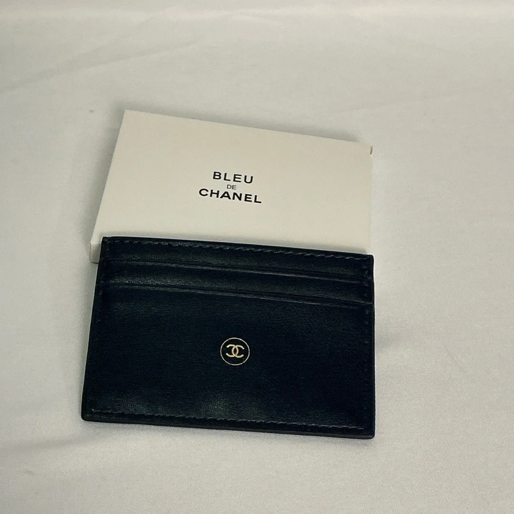 CHANEL Dark Blue Credit Card Holder Wallet Gold Logo Limited Edition